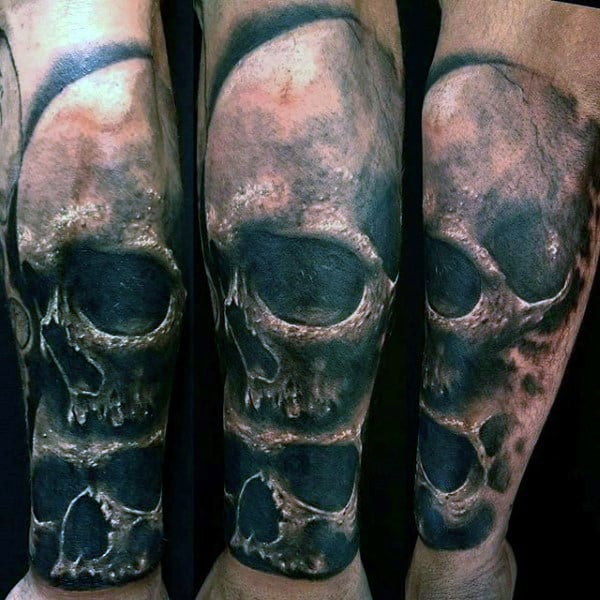 Scary Black And Grey Skull Tattoo Male Forearms