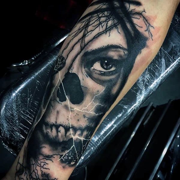 Scary Ghoul Skull With One Eye Tattoo Male Forearm