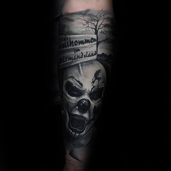 Scary Mens Clown White Ink Shaded Full Forearm Sleeve Tattoo Ideas