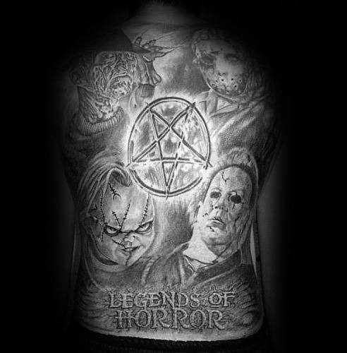Black and grey full back tattoo featuring horror legends Freddy Krueger, Jason Voorhees, Chucky, and Michael Myers with a pentagram centerpiece.