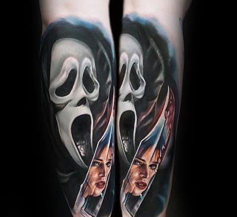 Realistic color tattoo of Ghostface from *Scream*, featuring the iconic mask, a bloodied knife, and a reflection of Sidney Prescott for a chilling horror design.