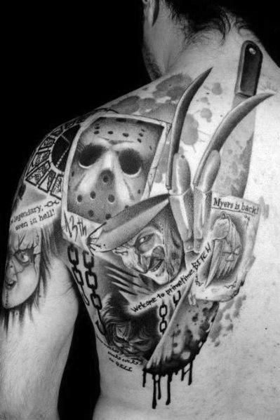Black and grey horror tattoo featuring Jason Voorhees' mask, Freddy Krueger's glove, and eerie horror elements for a chilling and detailed design.
