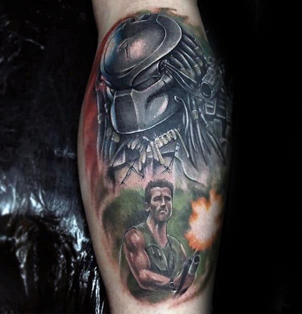 Scene With Predator Mens Leg Tattoos