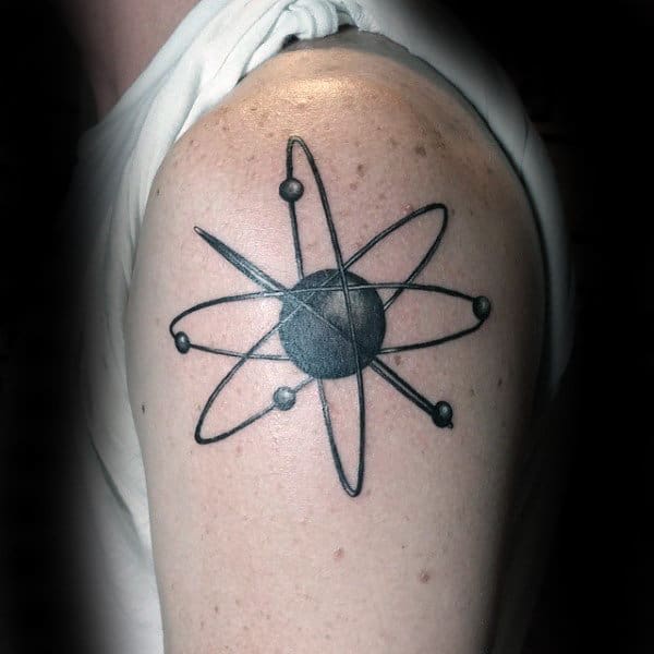 Scientific Upper Arm Tattoo On Gentlemen Of Atom In Black Ink