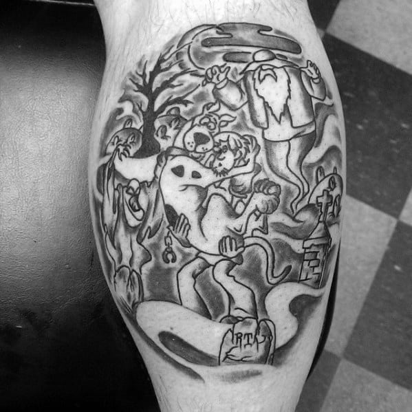 Black and white tattoo of Scooby-Doo and Shaggy scared in a haunted graveyard, surrounded by ghosts, trees, tombstones, and fog.