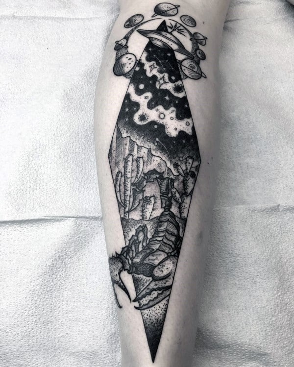 Scorpio Themed Mens Back Of Leg Tattoo Designs
