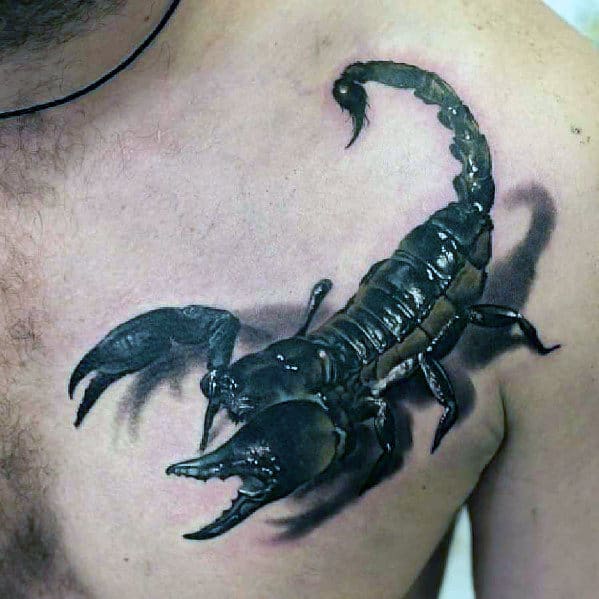 Realistic black scorpion tattoo on a person's shoulder, showcasing detailed 3D effect and shading