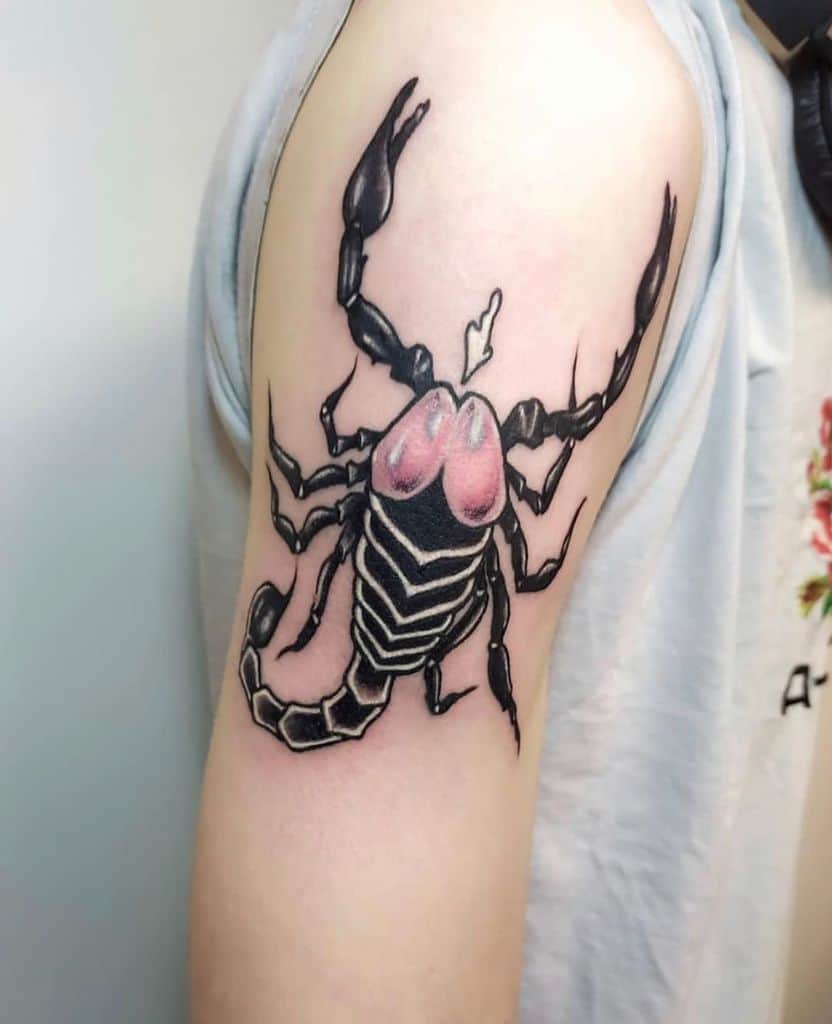 Funny tattoo of a black scorpion with realistic shading, featuring an unexpected twist—its head is replaced with a pair of shiny pink lips.