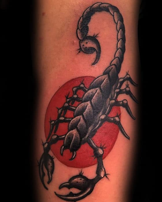 Scorpion With Red Sun Guys Traditional Forearm Tattoo