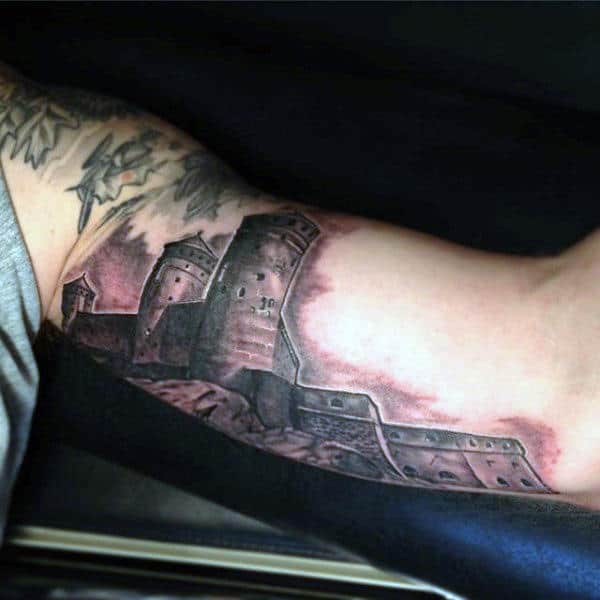 Scottish Castle Bicep Tattoo On Man