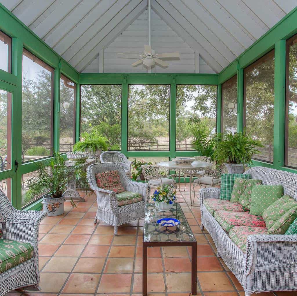 screened covered patio tile floor wicker furniture