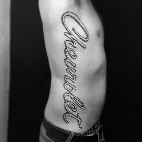Script Chevrolet Mens Rib Cage Side Tattoo Designs