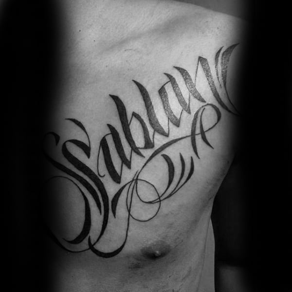 Script Decorative Mens Last Name Upper Chest Tattoo Design Ideas