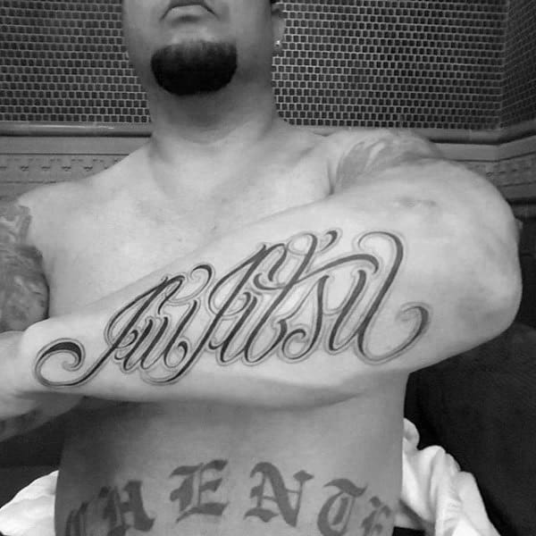 Script Jiu Jitsu Outer Forearm Lettering Tattoos