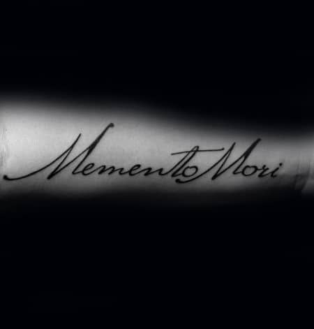Script Memento Mori Cursive Male Words Forearm Tattoo