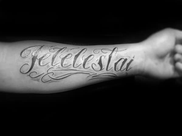 Script Ornate Tetelestai Mens Inner Forearm Tattoo Ideas
