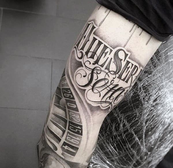 Script With Old English Mens Arm Tattoos