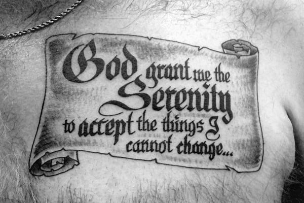 Scroll Shaded Serenity Prayer Guys Upper Chest Tattoo Ideas