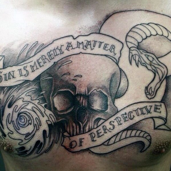 Scroll With Skull And Snake Mens Shaded Chest Tattoos