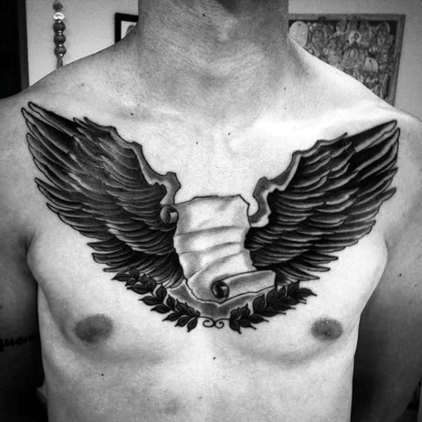 Scroll With Wings Mens Upper Chest Tattoos