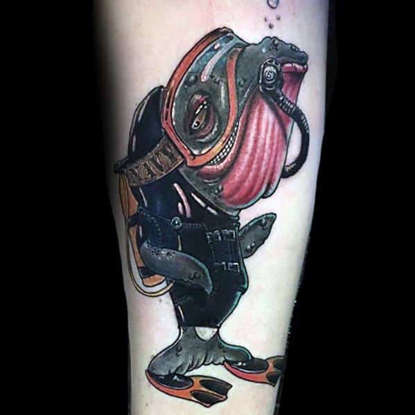 Whimsical and colorful tattoo of a fish dressed in full scuba diving gear, complete with mask, fins, and oxygen tank.