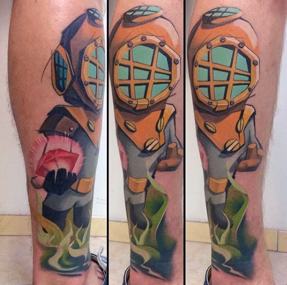 Sea Diver Holding Diamond Graffiti Mens Tattoos Design