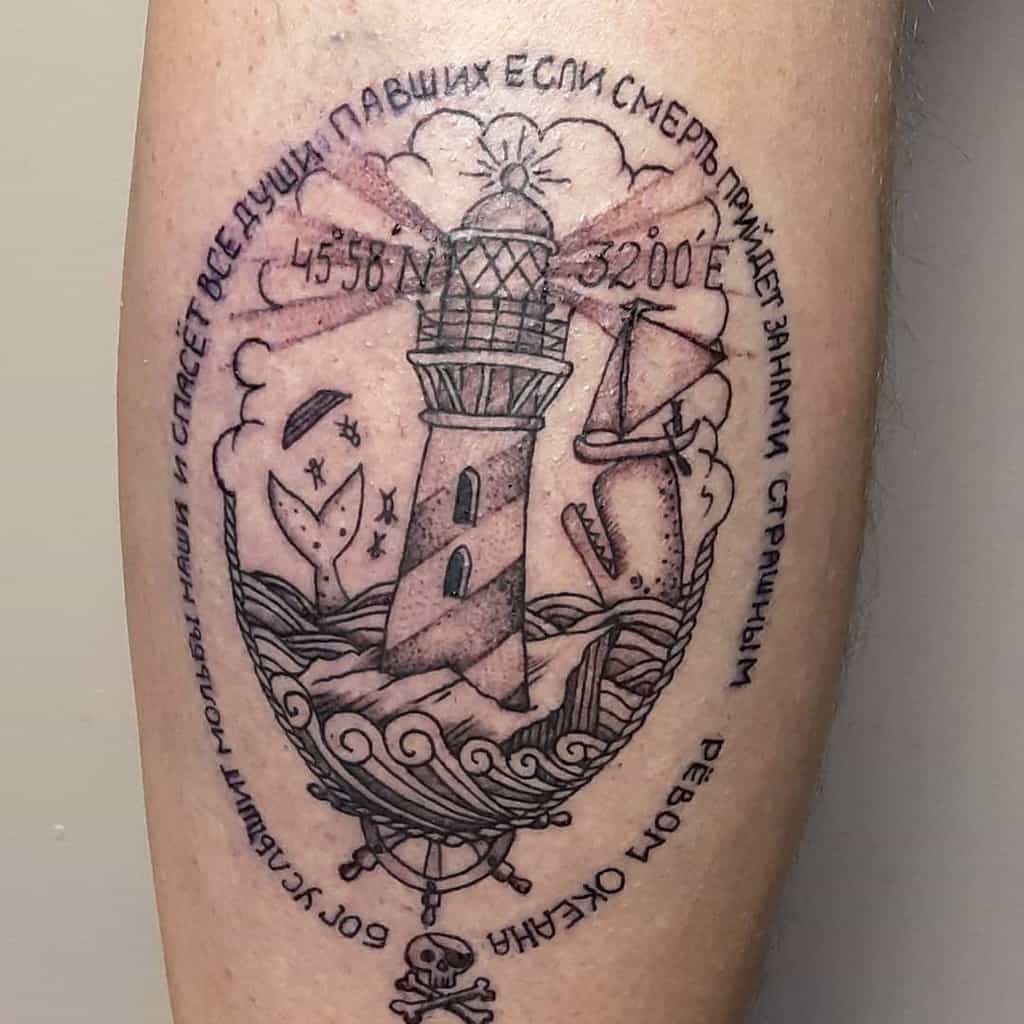 Black ink tattoo of a lighthouse on ocean waves, surrounded by a nautical compass design, a ship, a whale’s tail, pirate skull and bones and Russian script with coordinates
