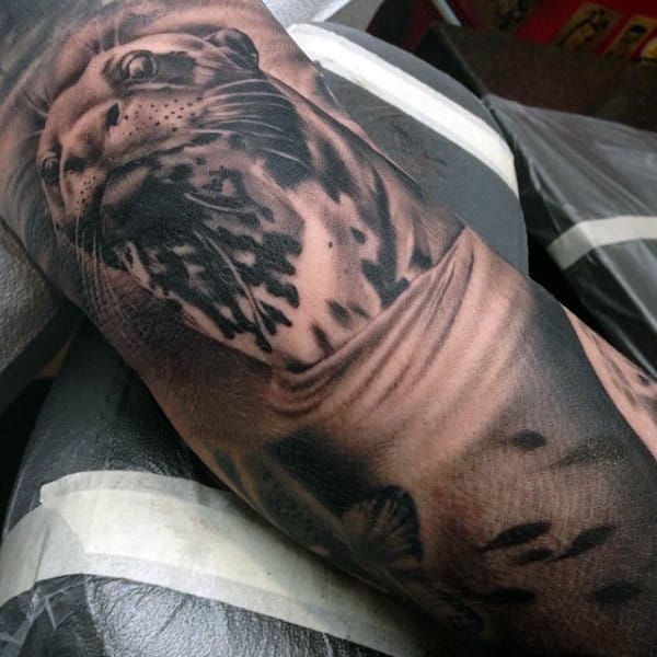 Sea Otter Swimming In Water Mens Tattoo Sleeve