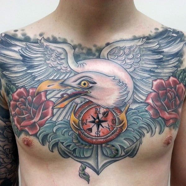 Seagull With Compass And Anchor Mens Upper Chest Tattoos