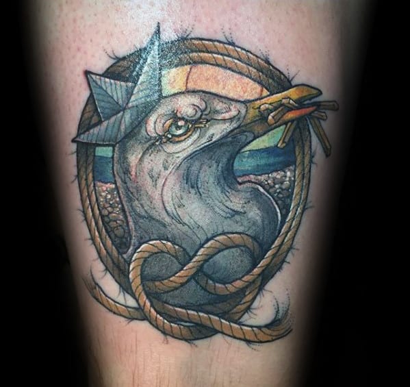 Seagull With Rope Mens Creative Thigh Tattoos