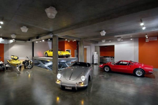 Sealed Concrete Masculine Industrial Garage Flooring Ideas