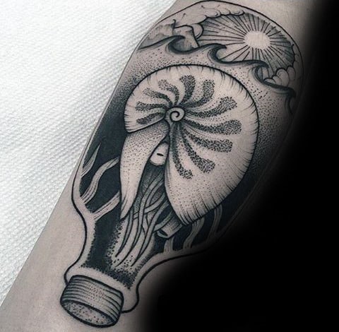 Seashell Inside Glass Bottle Mens Dotwork Arm Tattoo