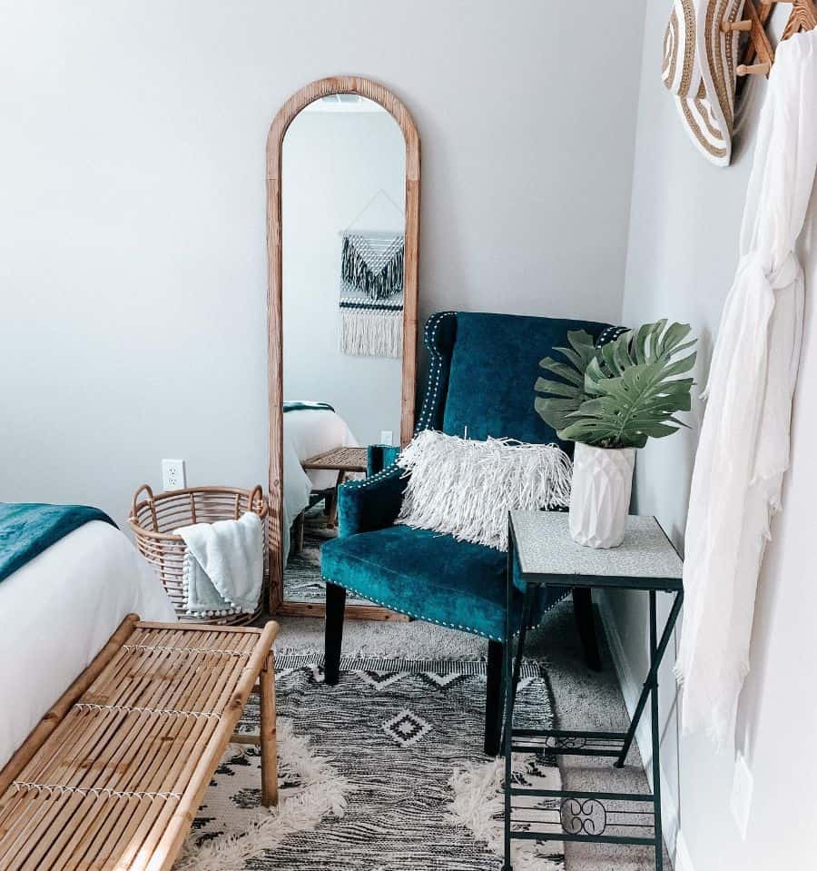 boho style bedroom wood ottoman blue accent chair tall mirror