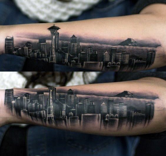 Seattle Washington Mens Skyline Detaield Outer Forearm Tattoos