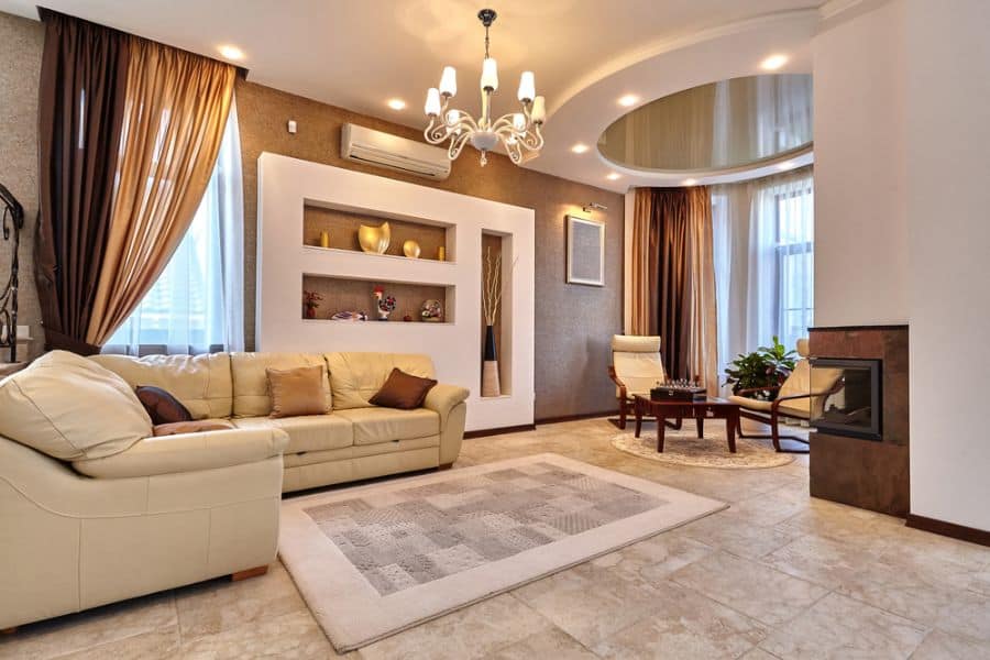 sectional sofa family room tile flooring chandelier