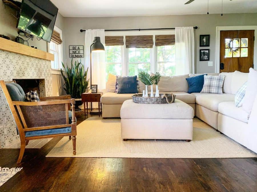 white sectional sofa farmhouse living room wall mounted tv fireplace accent chair