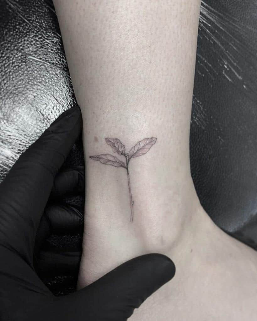 A detailed single needle leaf tattoo on an ankle