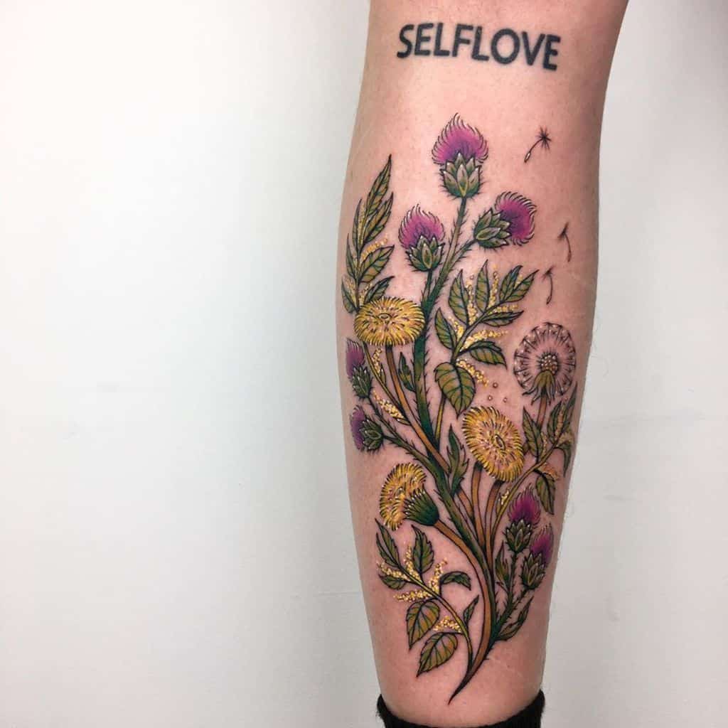 This tattoo features vibrant wildflowers with intricate details, alongside a dandelion, blending natural beauty with a powerful message of self-love.