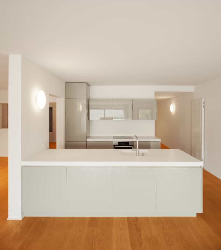 basic white open plan kitchen