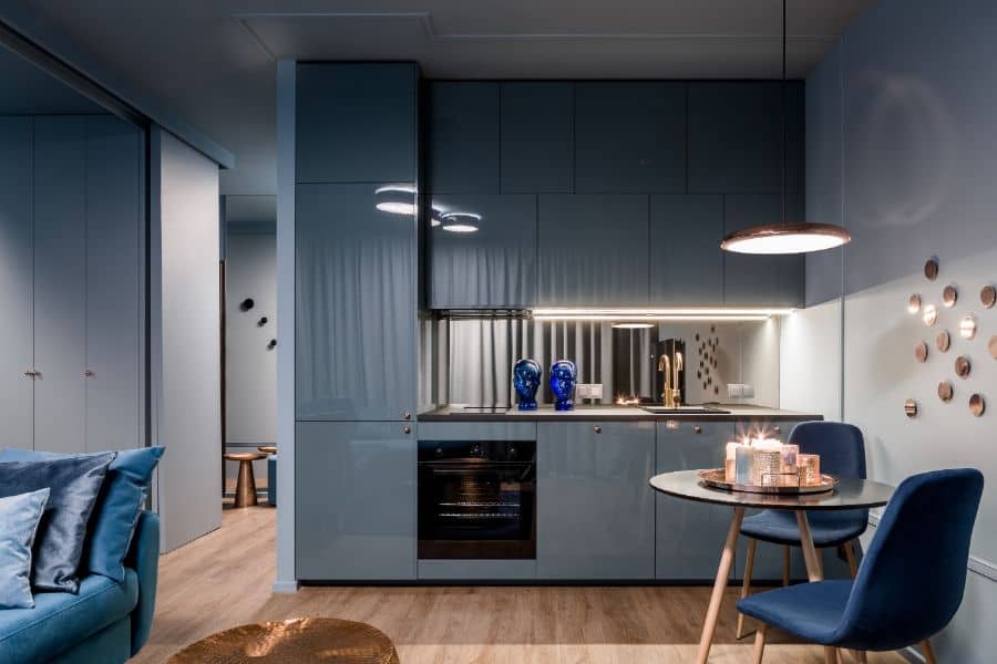 blue cabinet open plan modern kitchen