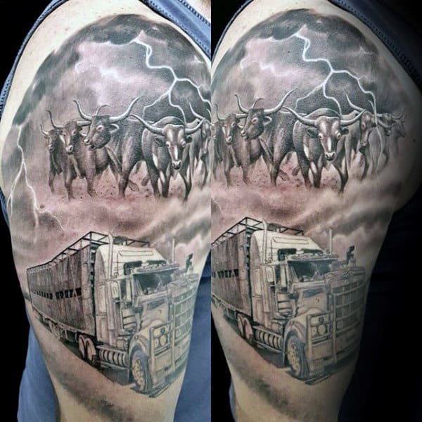 Semi Truck Mens Cattle Half Sleeve Tattoo