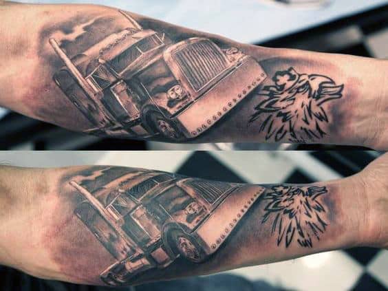 Semi Truck With Smoking Stacks Mens Inner Forearm Tattoos