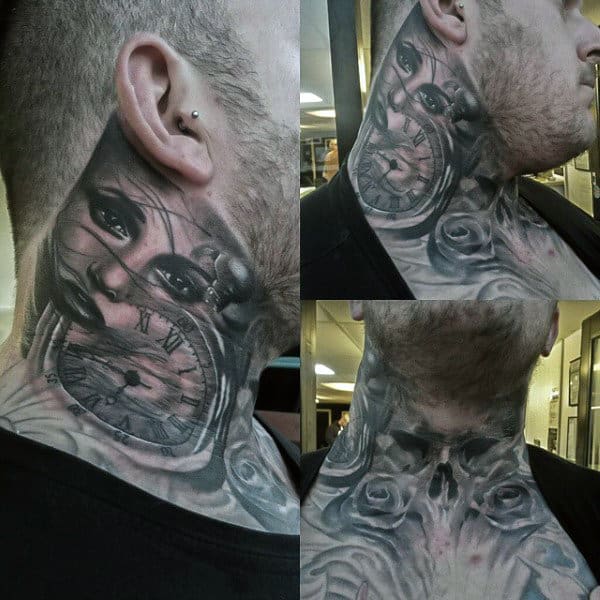 Black and grey throat tattoo featuring a woman's face, a cracked clock, and abstract shading, creating a surreal and dramatic design