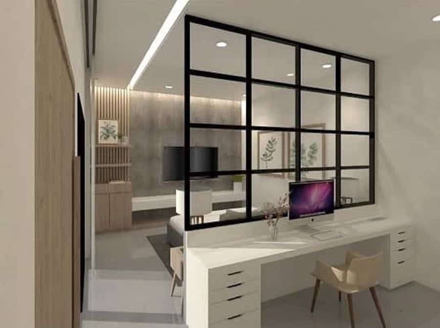 Modern bedroom office with white desk, partitioned glass wall, and minimalist decor.