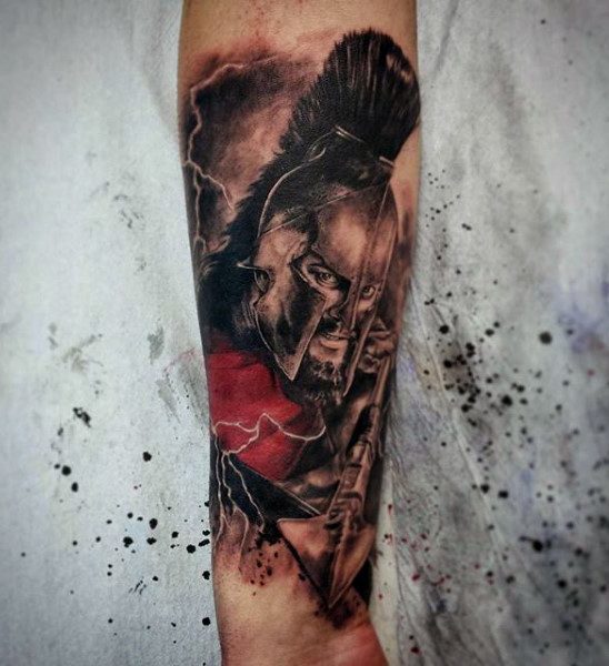 Sepia Toned Powerful Warrior Tattoo Guys Forearms