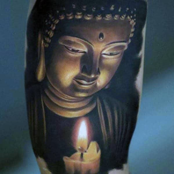 Serene Japanese Buddha With Candle Flame Tattoo On Arms For Men