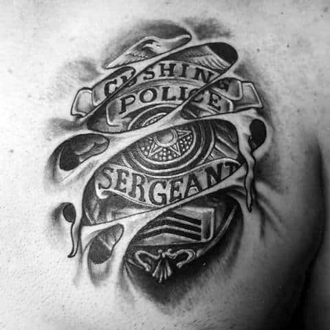 Sergeant Police Badge Ripped Skin Upper Chest Tattoo For Guys