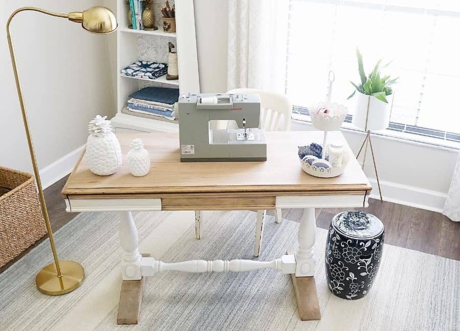 Bright and airy sewing corner with a wooden desk, modern sewing machine, cozy decor, and a large window view