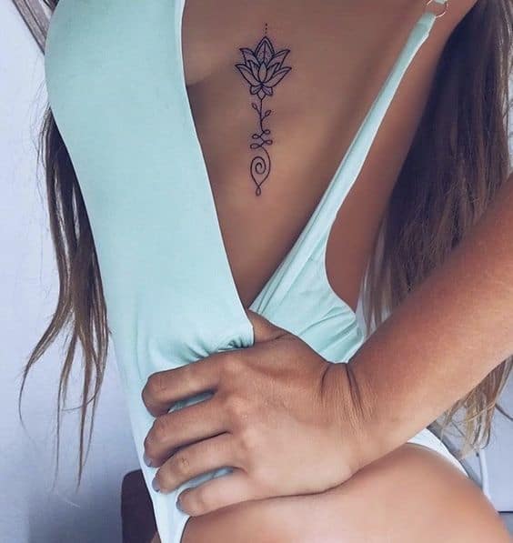 Unalome tattoo with a lotus on the sternum, symbolizing spiritual enlightenment, personal growth, and the journey to inner peace.