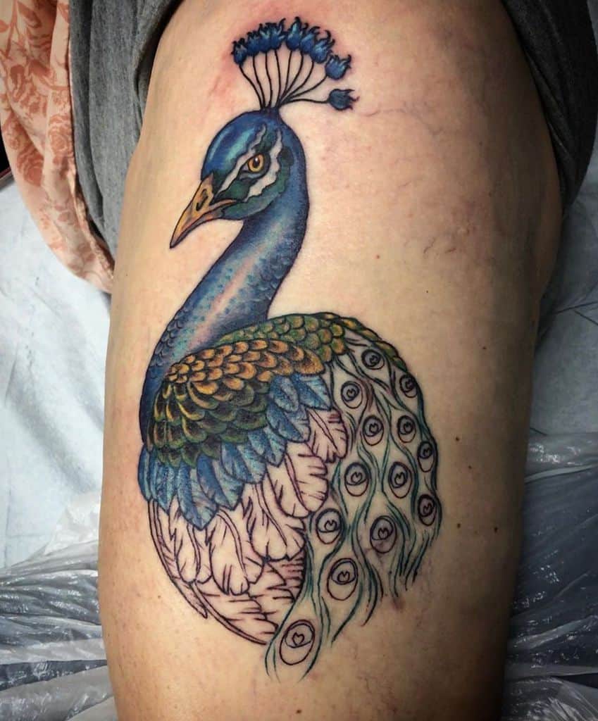 Detailed peacock tattoo on the thigh, featuring vibrant blue, green, and gold hues with intricate feather patterns and fine shading.